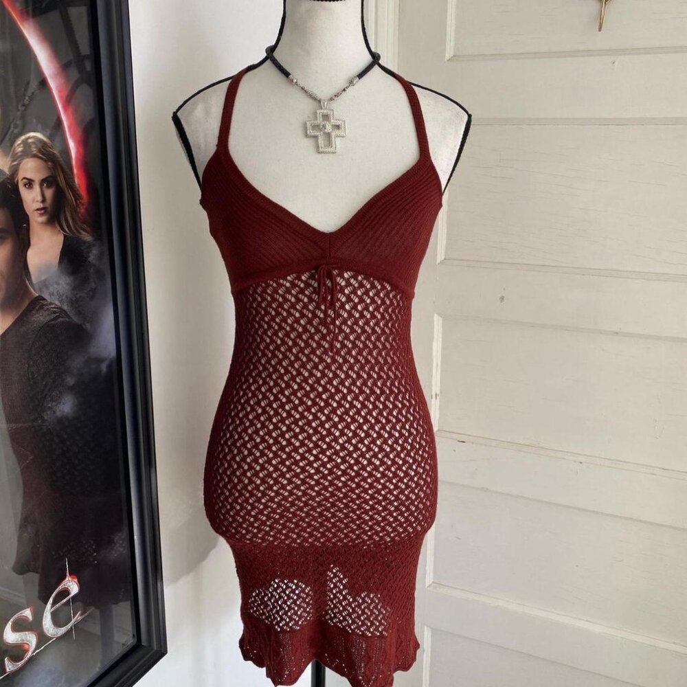 y2k crochet sheer mini halter dress 🤎